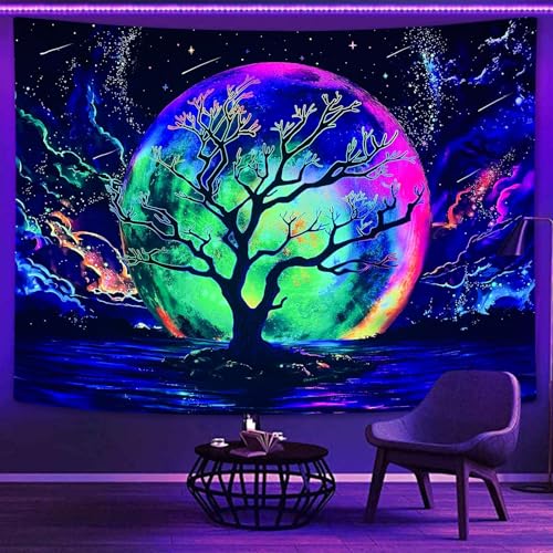 Faxdong Blacklight Moon Tapestry, UV Reactive Tree Lake Colorful Starry Night Galaxy Space Clouds Wall tapestry for Bedroom Decor 36×48 inch