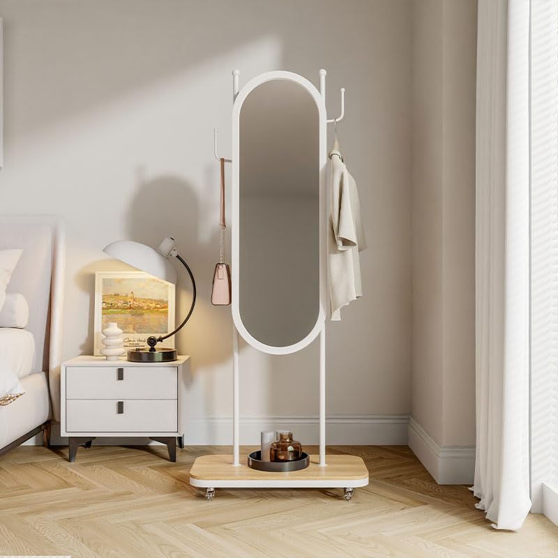Decorative Household Dressing Mirror and Hanger Integrated Simple Modern Bedroom Living Room Floor-Standing Mobile Full-Length for Living Room(White)