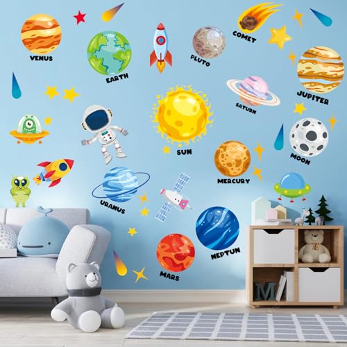 Outer Space Wall Decals - 4 Sheets 58 Pcs Large Space Planets Rocket Astronaut Wall Stickers Peel and Stick Removable Wall Decors for Kids Baby Bedroom Boys Room Nursery Playroom Classroom