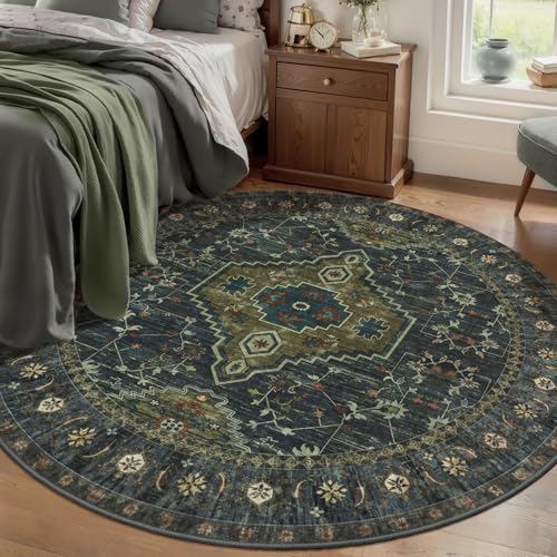 Tangsoo Green Large Round Area Rugs 6ft, Boho Washable Non Slip Circle Rug