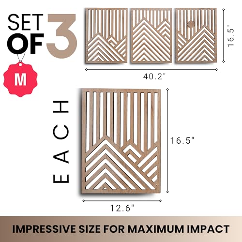 qmmp Modern Wooden Wall Sculptures - Set of 3 - Home Decor Accent - Large Wall Art for Living Room, Bedroom, Office - Easy Installation (Oak, Medium - Mountain and Sun)