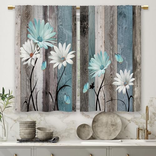 Teal Farmhouse Daisy Kitchen Curtains Wooden Flower Small Short Cafe Window Curtains Rustic Floral Butterfly Country Bathroom Drapes Treatment Tier Curtains 2 Panels (27.5x39 Inch)