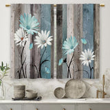Teal Farmhouse Daisy Kitchen Curtains Wooden Flower Small Short Cafe Window Curtains Rustic Floral Butterfly Country Bathroom Drapes Treatment Tier Curtains 2 Panels (27.5x39 Inch)
