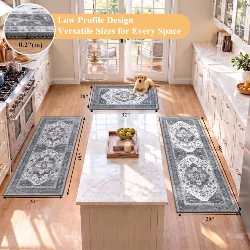 HEBE Boho Kitchen Rugs Set of 3, Non Slip Washable Kitchen Mats for Floor