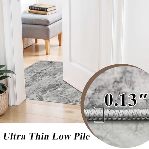 HILORUUG 2x4 Rug Washable Entryway: Non Slip Abstract Runner for Kitchen Bathroom - Modern Minimalist Low Pile Stain Resistant Thin Indoor Floor Mat - 2x4 Black Grey
