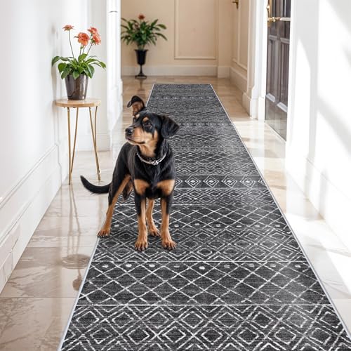 3x16 Black Moroccan Washable Rug:Modern Boho Long Hallway Runner Rug
