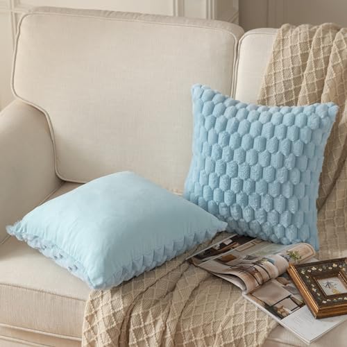 MANDIOO Pack of 2 Light Blue Super Soft Plush Fluffy Decorative Throw Pillow Covers 18x18 inch Faux Fur Wool Velvet Cushion Covers Pillow Cases Couch Sofa Bed Living Room