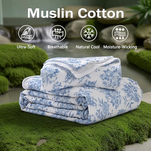 Viviland Fleece Throw Blanket Reversible Muslin Blankets, Soft Throw Blanket for Couch and Bed, Breathable Quilt Bedspread, Gauze Bedding for Adults, Large 50x70 inch, Blue Nerrah