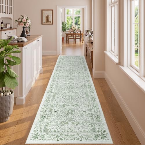 2.6x8 Runner Rug, Washable Vintage Floral Kitchen Rug, Sage Green