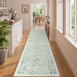 2.6x8 Runner Rug, Washable Vintage Floral Kitchen Rug, Sage Green