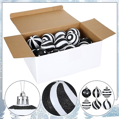 Riceshoot 24 Pcs Christmas Black and White Ball Ornaments Xmas Plastic Stripe Dot Hanging Ball for Christmas Tree Party Decoration Supplies(2.36 Inch)