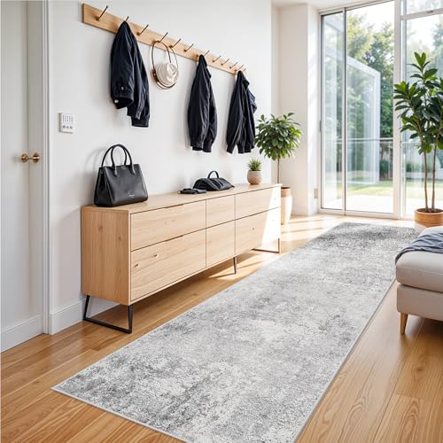 Washable 3x8 Hallway Runner Rug: Abstract Non Slip Rugs for Bedroom Grey