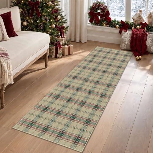 Green Christmas Runner Rug 2x5, Washable Rug for Hallway, Checkered Plaid
