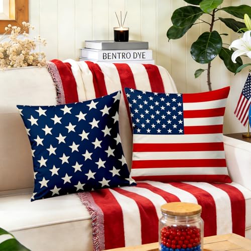 4th of July Pillow Covers 18x18 Inch,Set of 4 Red White Blue Summer Outdoor Throw Patriotic Pillow Covers,USA Flag Linen Fourth of July Independence Memorial Day Cushion Case for Sofa Couch Decor