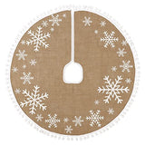 MACTING Christmas Tree Skirt, 30 Inch Small Burlap Tree Mat with White Large Small Snowflake Patterns Pom Poms for Holiday Party Indoor Home Christmas Tree Decorations