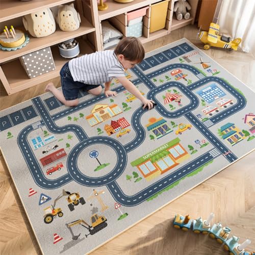 Kids Rug Mat Carpet 5×7ft, Car Rugs for Kids Toy Cars, Non Slip Floor Mats for Children, Educational Area Play Rugs for Children's Playroom Bedroom