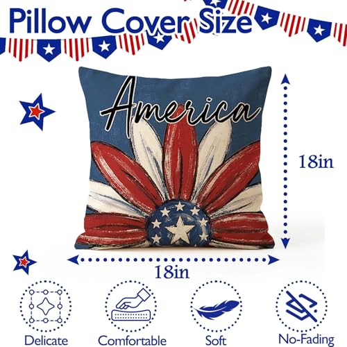 ONFAON 4th of July Freedom Throw Pillow Cover 18x18 Inch,Let Freedom Ring Stars Red White Flower Patriotic Independence Memorial Day USA Flag Cushion Case for Sofa Couch Set of 4