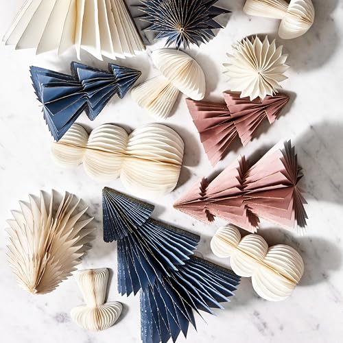 LampLust Paper Tree Decor, 2 Pack Honeycomb Paper Trees, 10 & 12 Inch, White & Gold Glitter Edge, Christmas Table Decor, Holiday Table Centerpieces, Christmas Decorations