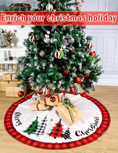 Multiwins Christmas Tree Skirt 48 Inch Red Rustic Xmas Tree Skirt with Snowflake, Black Red Buffalo Plaid Christmas Tree Skirt Ornaments for Merry Christmas Holiday Party Decorations Indoor Outdoor