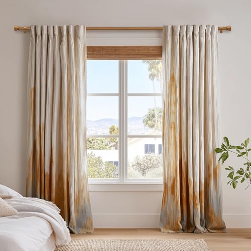 Lootkell Wood Curtain Rods for Windows 66 to 120 Inches 1" Diameter Boho Decorative Heavy Duty Long Window Curtain Rod Adjustable with Handmade Wood Grain Design for Living Room Bedroom Kitchen