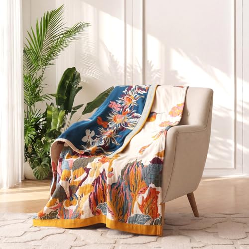 LUTBM Boho Throw Blanket for Couch 100% Cotton Soft Breathable Butterfly and Floral Embroidery Summer Throw Blanket,50"x60" All Season Reversible Throws for Sofa Chair Bohemian Decor for Livingroom