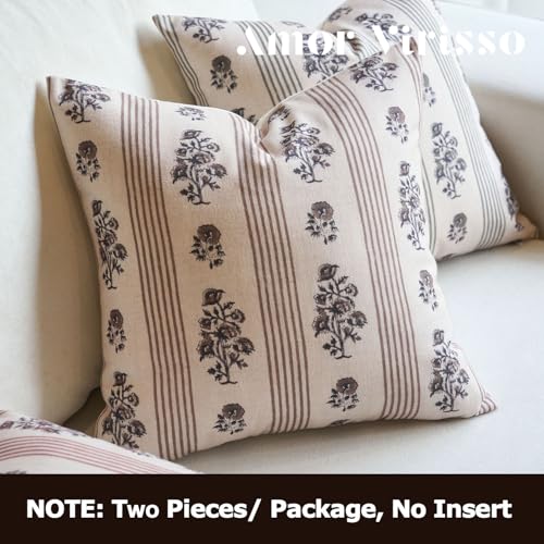 Amor Virisso Farmhouse Floral Throw Pillow Covers 18x18 Set of 2 Block Print Pillow Covers Neutral Boho Floral Striped Decorative Pillow Covers for Sofa Couch Bed, Brown