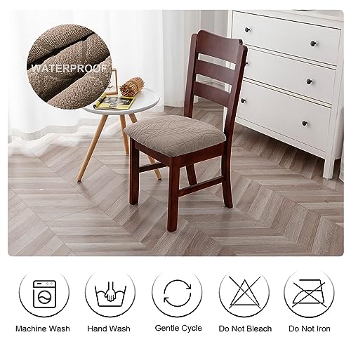 Genina Waterproof Seat Covers for Dining Room Chairs, Stretch Chair Seat Covers Removable Washable Dinning Room Kitchen Chair Cushion Slipcovers (Leaves-Taupe, 4 PCS)