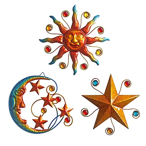 Limygus Metal Wall Art Sculpture, Set of 3 - Celestial Wall Decoration - Sun Moon Star Decorative Silhouette - Waterproof Wall Hanging Decor for Home Office, Bedroom, Bathroom, Living Room