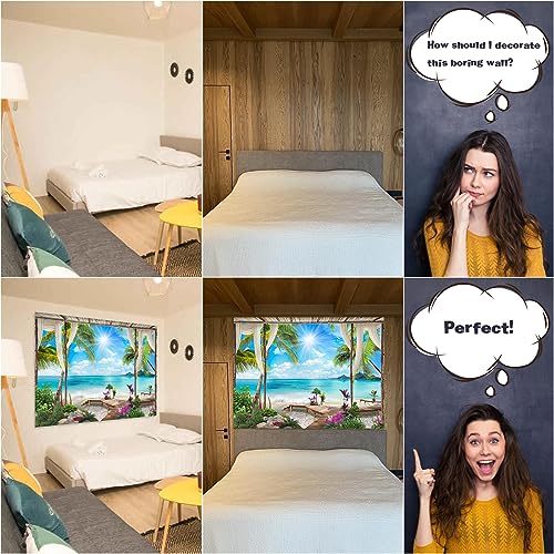 Leeisysme Beach Landscape Tapestry, Tropic Ocean Sea Island Palm Tree Seaside Tapestries for Living Room Summer Window Wall Hanging 36×48 Inch