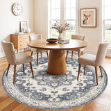 Washable Living Room Circle Rug: 6ft Round Rugs for Bedroom Dining Room Indoor Oriental Ultra Thin Soft Carpet Water Resistant Floral Distressed Non-Shedding Floor Carpets Home Decor (6ft-Round,Blue)