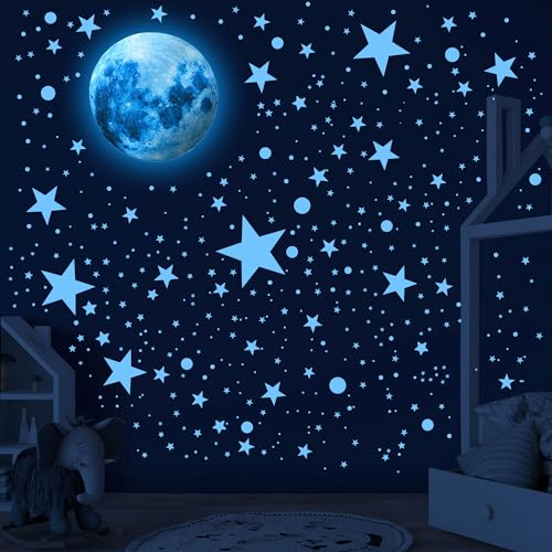 492 Glow in The Dark Stars & Moon Space Galaxy Universe Planet Wall Decals - Blue Glowing Stars Stickers for Kids Bedroom, Nursery & Living Room Decor
