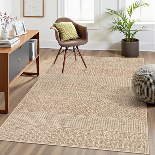 Lahome Farmhouse Washable 3x5 Entryway Rug, Non-Slip, Beige/Brown