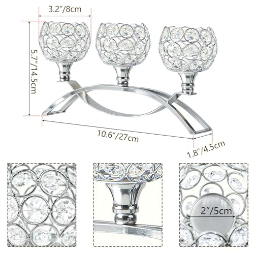 Crystal Tealight Candle Holder Centerpiece Home Decorative Candlestick Holder Elegant Table Centerpiece Home Decor Wedding Party Anniversary (Silver, 3 Arm)