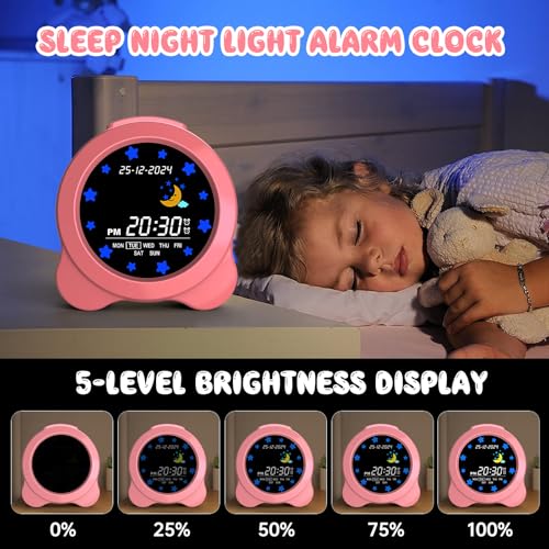 Kids Alarm Clock, Sun & Moon LED Display with Day & Date, Children's Sleep Trainer with Night Light & Sleep Sounds, Cute Wake Up Clock for Kids Bedroom, Easy to Use Birthday Gift for Boy and Girls