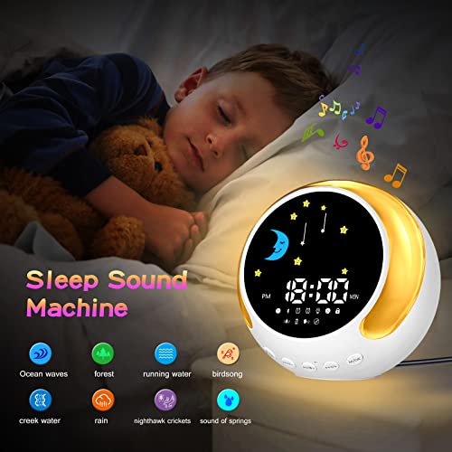 Kids Wake-Up Light with Dual Alarms, Sleep Training Sound, Sun & Moon Display, Wake-Up Reminder Clock Suitable for Boys and Gir