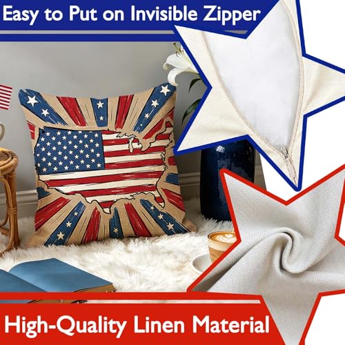 ONFAON 4th of July Freedom Throw Pillow Cover 18x18 Inch,Let Freedom Ring Stars Red White Flower Patriotic Independence Memorial Day USA Flag Cushion Case for Sofa Couch Set of 4