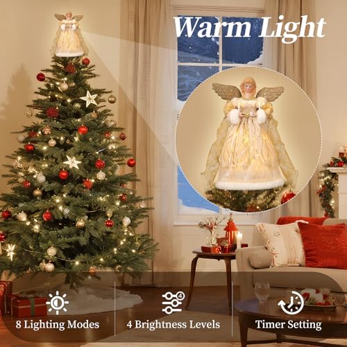 Lewondr Christmas Tree Topper Angel, 12'' Light Up Angel Tree Topper with Gold Wings and Candle Light, 8 Modes and 6 Hrs Timer USB and Remote Operated Christmas Decor for Holiday Home Decor, Apricot