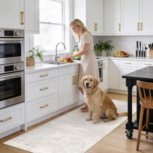 3x6 Washable Kitchen Runner Rug: Abstract Soft Neutral Carpet BeigeGray