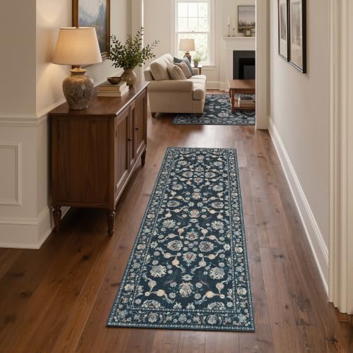 jinchan 2x5 Traditional Floral Runner Rug, Washable Rug, Midnight Blue