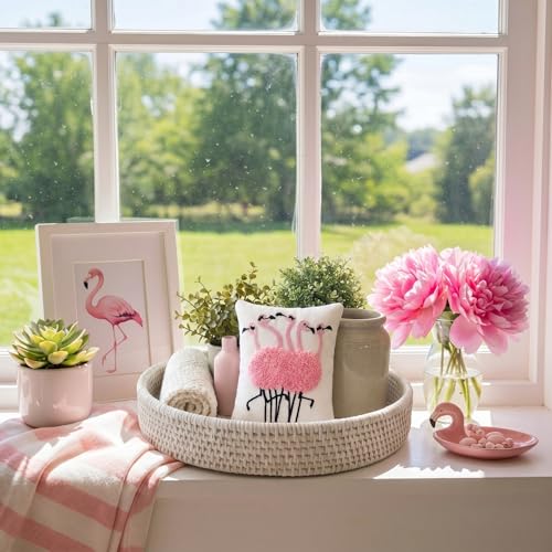 Novabright Pink Flamingo Tiered Tray Decor 4" x 5" Mini Decorative Pillow with 3D Towel Embroidery Small Summer Flamingo Pillow Tropical Summer Beach Theme Cushion Decor for Home Kitchen Table Party