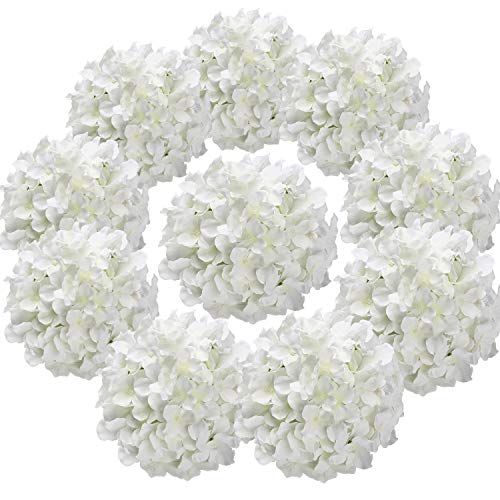 Silk Hydrangea Heads Artificial Flowers Heads with Stems for Home Wedding Decor,Pack of 10 (White)