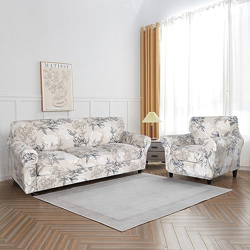 SearchI Stretch Sofa Cover Printed Couch Cover, Floral Pattern 3 Pieces Loveseat Slipcover with 2 Separate Cushion Cover, Washable Furniture Protector for Living Room(Loveseat, Flower Shadow)