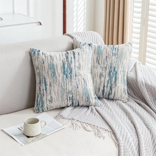 Chenille & Jacquard Pillow Covers 18x18 Inch Set of 2 - Textured Coastal Stripe Decor | Luxury Sofa Bed Cushion Covers in Seaside Beige & Teal Ombre (Oceanic Hues Collection)