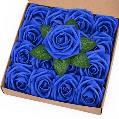 BLEUM CADE 16Pcs Artificial Flowers Fake Roses with Stems, Royal Blue Boxed Foam Roses for DIY Bouquets Centerpieces Wedding Party Arrangement Bridal Shower Decor