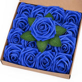 BLEUM CADE 16Pcs Artificial Flowers Fake Roses with Stems, Royal Blue Boxed Foam Roses for DIY Bouquets Centerpieces Wedding Party Arrangement Bridal Shower Decor