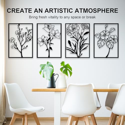 ZNZAPO 4 Pcs Black Metal Flower Wall Art, Abstract Line Art Wall Decor, Minimalist Floral Wall Hanging Art, 3d Wall Art Sculptures Decor for Living Room Bedroom Bathroom (11 × 15.7”)