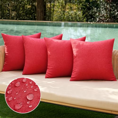 MIULEE Pack of 4 Christmas Decorative Outdoor Throw Pillow Covers Linen Waterproof Pillow Covers Summer Farmhouse Cushion Cases for Patio Garden Tent Balcony Couch Sofa 18x18 Inch Red