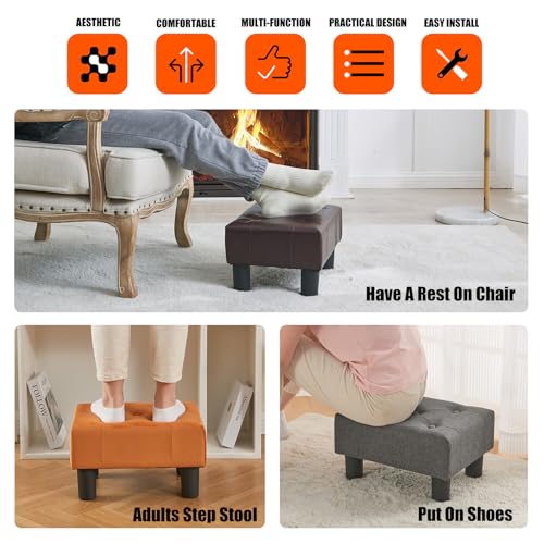 BRIAN & DANY Small Foot Stool, Leather Foot Stools with Legs, Stable Small Footstool for Living Room, Brown