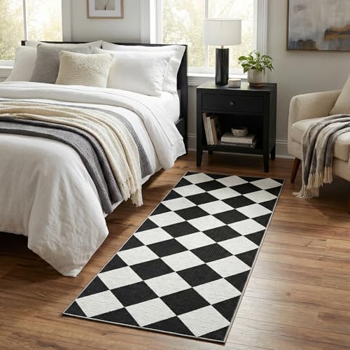 GarveeHome Checkered Hallway Runner Rug 2.6x8 Black and White Kitchen Rug