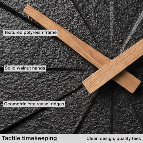 Driini Staircase Modern Wall Clock - Unique Frameless Concrete Design - Contemporary, Minimalist Decor; No Numbers - Silent Battery Operated Clocks with Decorative Wooden Hands (Black + Oak, 10.5″)